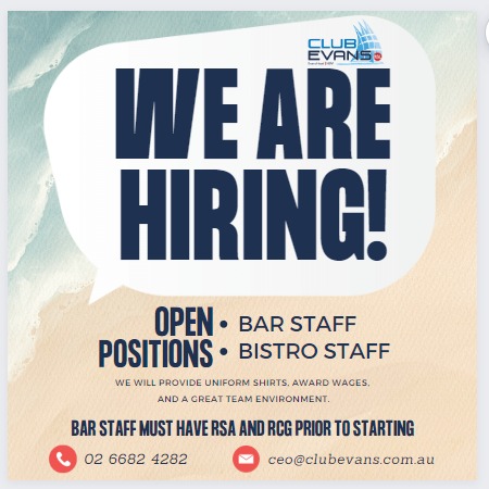 Featured image for “Club Evans is HIRING Bar & Bistro Staff – contact us today to learn more!”