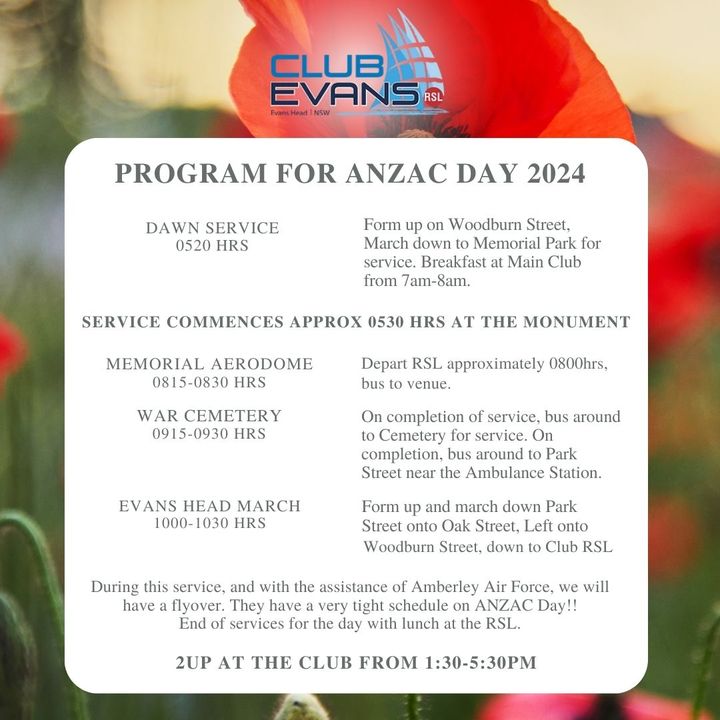 Featured image for “Please join us tomorrow morning to commemorate Anzac Day with us at Club Evans RSL”