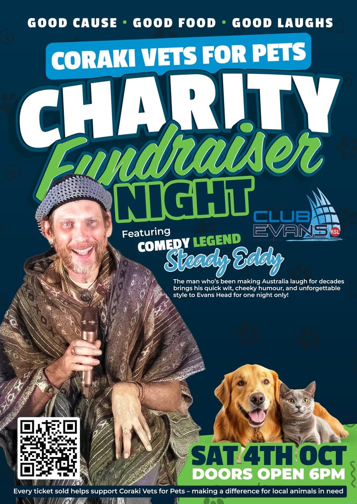 Featured image for “Steady Eddy Charity Fundraiser Night: Comedy & Compassion at Riverfire Bar, Evans Head”