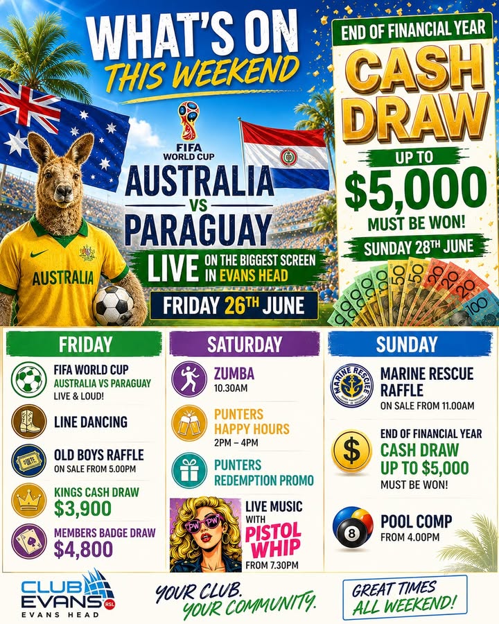 Featured image for “Big Weekend at Club Evans: Socceroos, Cash Draws and Live Music”