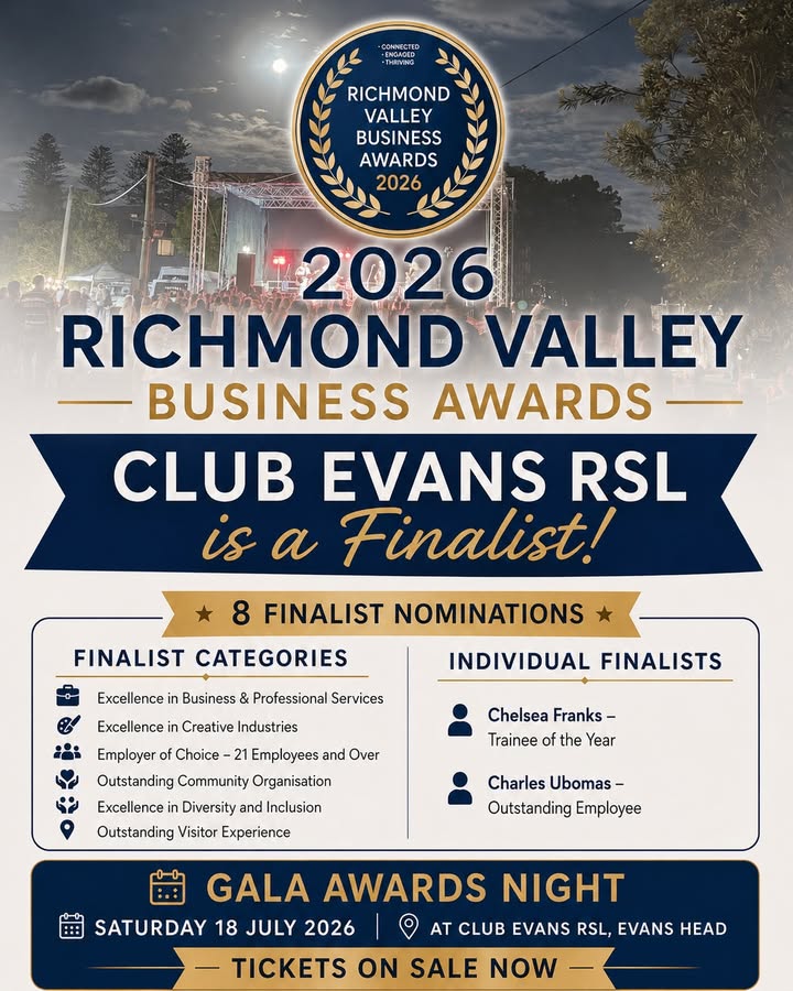 Featured image for “Club Evans RSL Named Finalist in 2026 Richmond Valley Business Awards”