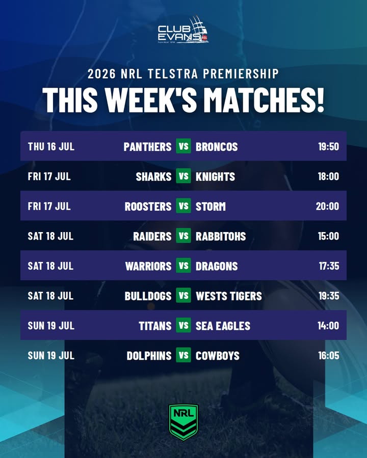 Featured image for “2026 NRL Telstra Premiership This Week’s Matches at Club Evans RSL”
