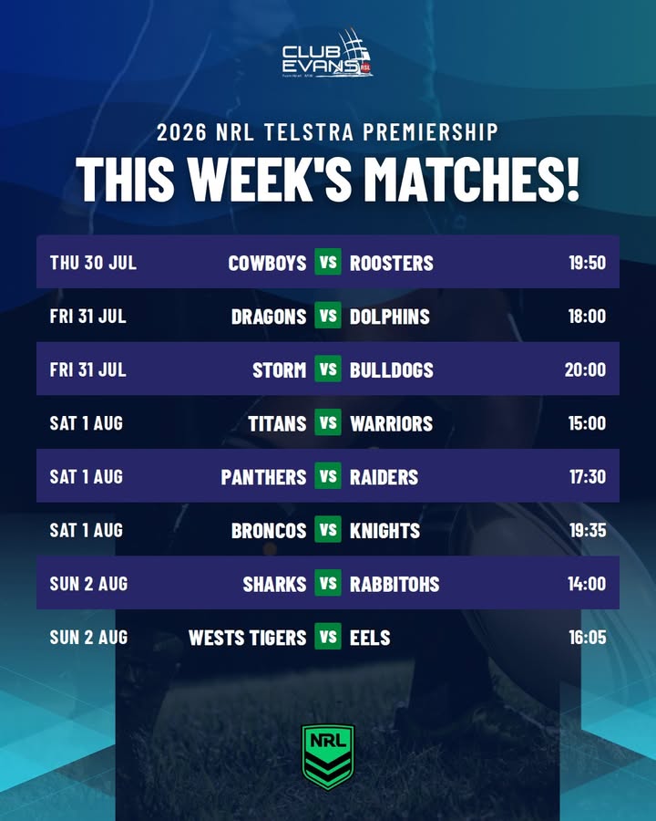 Featured image for “2026 NRL Telstra Premiership This Week’s Matches at Club Evans RSL”