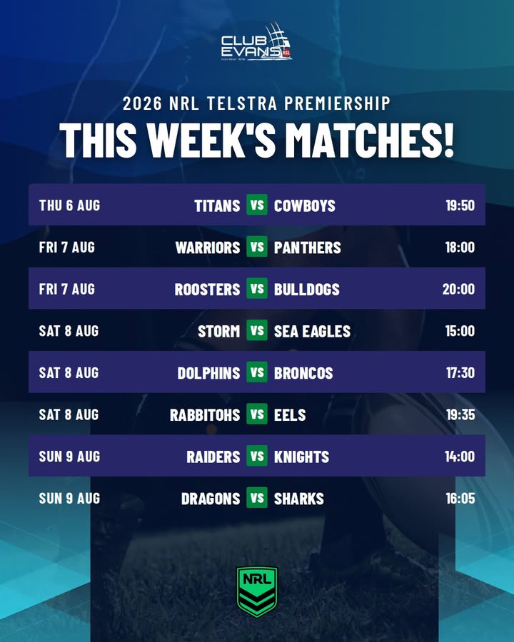Featured image for “2026 NRL Telstra Premiership Matches This Week at Club Evans RSL”