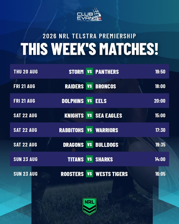 Featured image for “2026 NRL Telstra Premiership This Week’s Matches at Club Evans RSL”