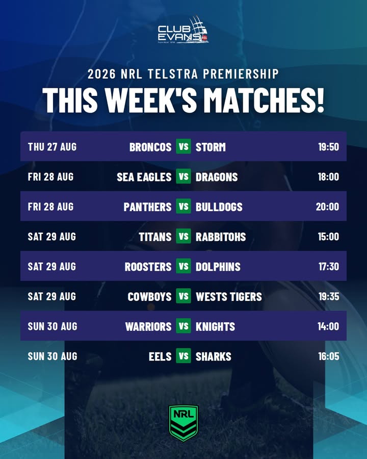 Featured image for “2026 NRL Telstra Premiership This Week’s Matches at Club Evans RSL”