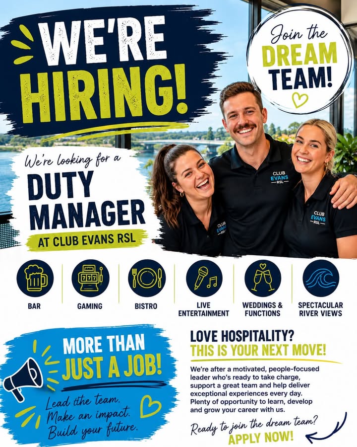 Featured image for “We’re Hiring a Duty Manager at Club Evans RSL”