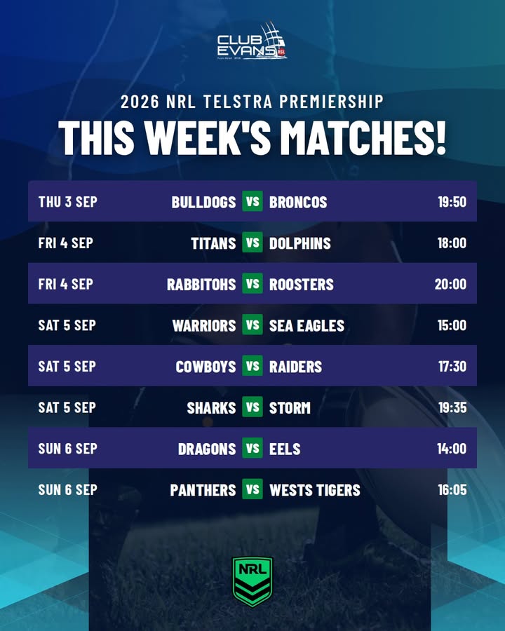 Featured image for “2026 NRL Telstra Premiership This Week’s Matches at Club Evans RSL”